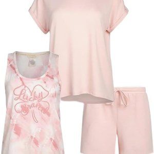 NWT Lucky Brand Women's 3 Piece Drawstring Pajama Set Size M Pink $85 2D223